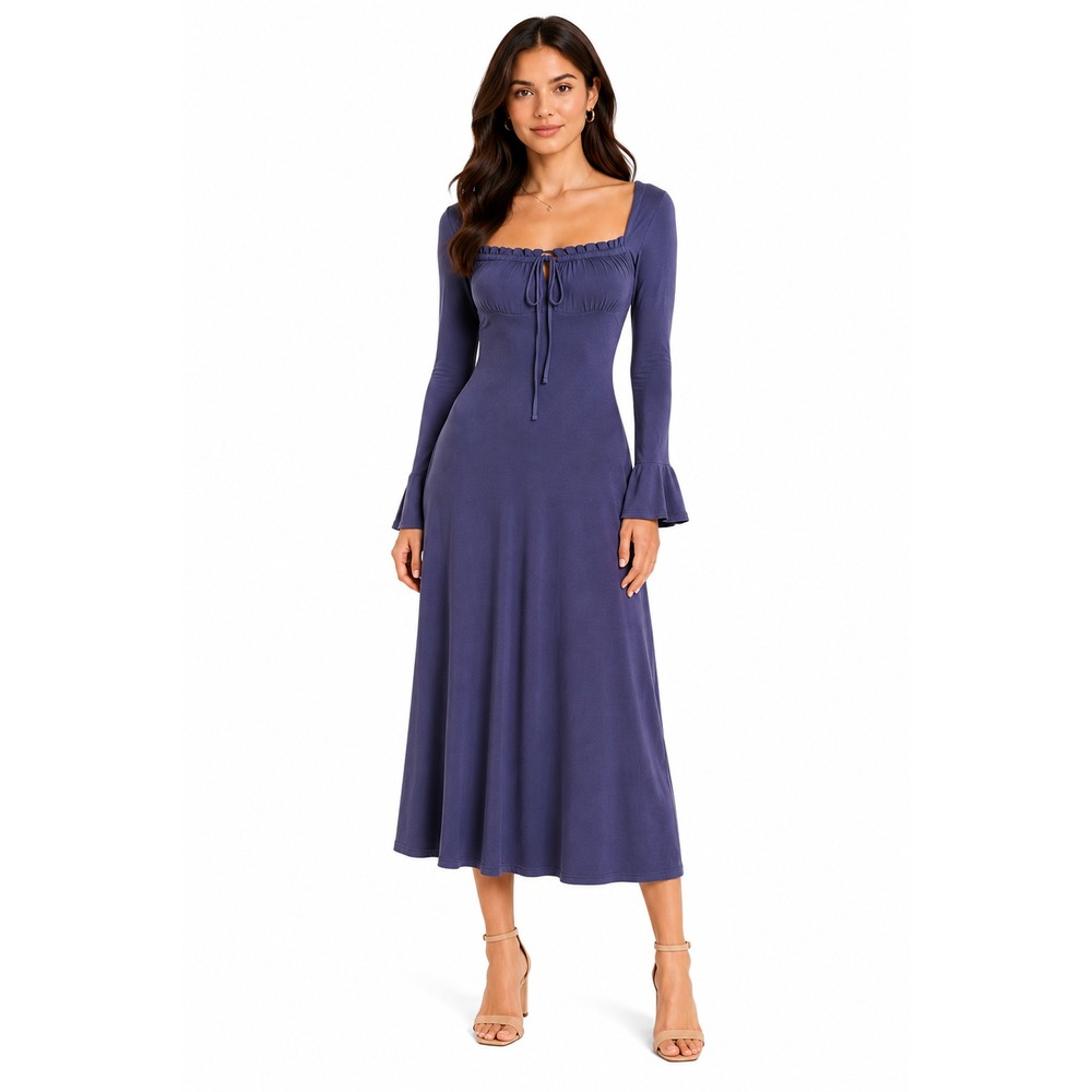Cupshe Navy Blue Ruffle Tie‎ Front Bell Sleeve Maxi Dress NWT